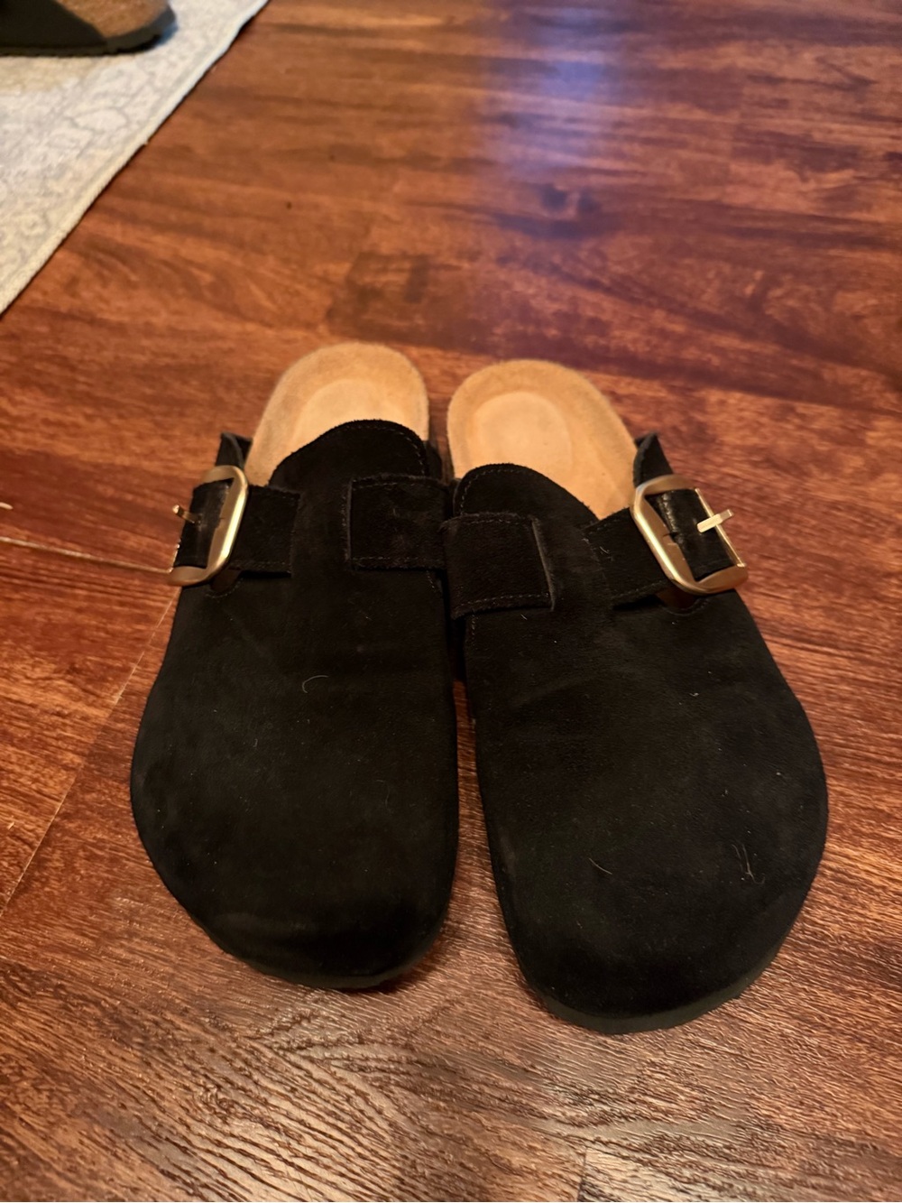 Women's Black Suede Mule Clogs with Buckle
